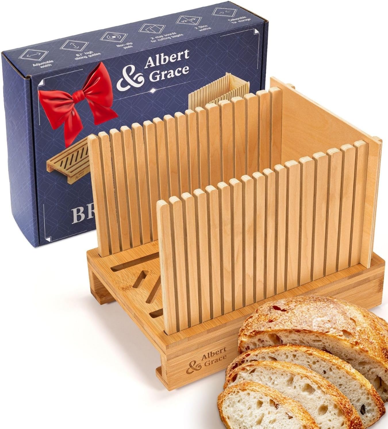 Albert&Grace bamboo bread slicer on a kitchen counter