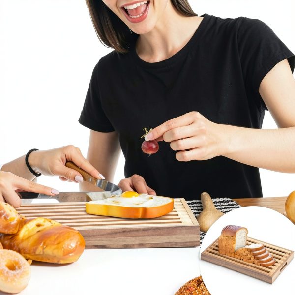 Wonderjune Acacia Wood Bread Board with Crumb Tray-5