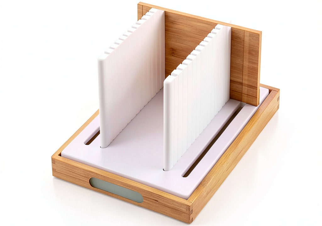 KitchenThinker Bread Slicer Plastic Adjustable on a wooden kitchen counter