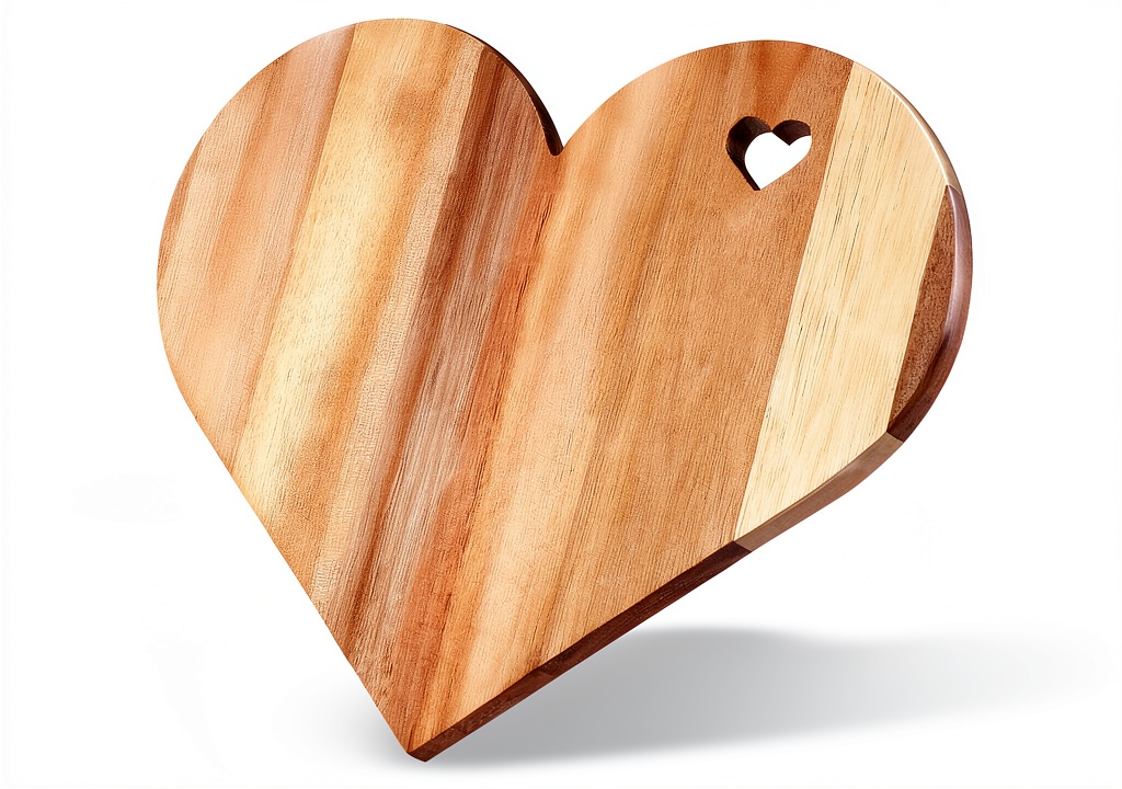 'Patelai heart-shaped acacia wood cutting board on a kitchen counter'