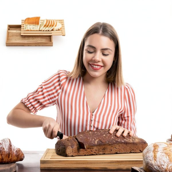 Wonderjune Acacia Wood Bread Board with Crumb Tray-4