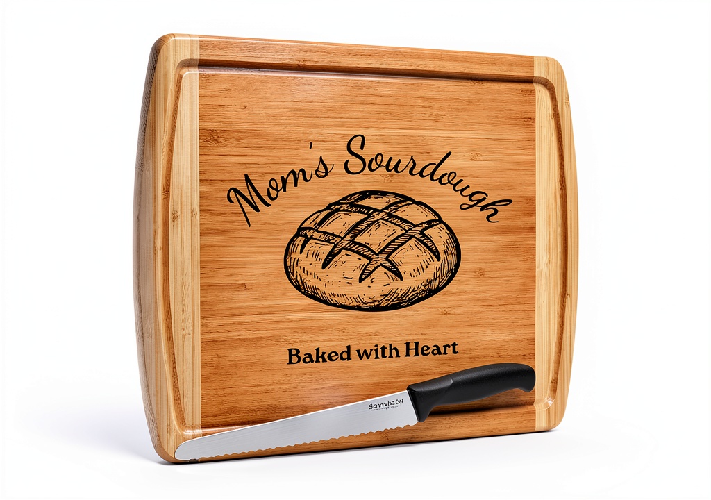Bambüsi Personalized Bamboo Bread Board Set with serrated knife on a kitchen counter