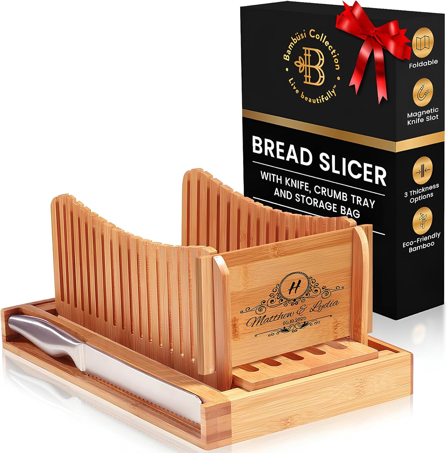 Bambüsi bread slicer in use on a kitchen counter