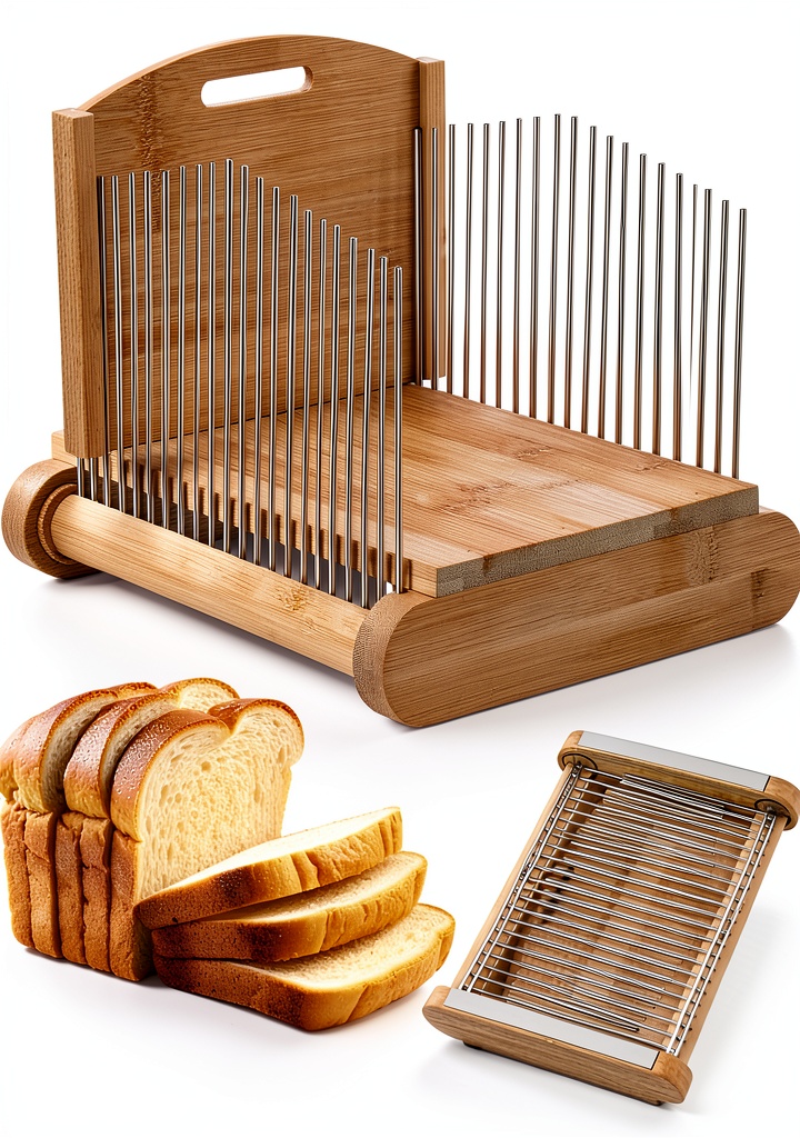 NiHome Bamboo Bread Slicer with stainless steel guides on a kitchen counter